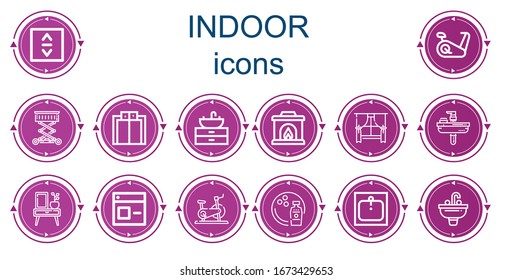 Editable 14 indoor icons for web and mobile. Set of indoor included icons line Lift, Stationary bike, Elevator, Sink, Fireplace, Window, Night stand, Bowling