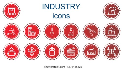 Editable 14 industry icons for web and mobile. Set of industry included icons line Conveyor, Nuclear plant, Blocks, Pipe, Shovel, Microscope, Plier, Worker, Mining, Beer keg