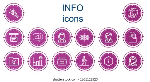 Editable 14 iconos de información para web y móvil. El conjunto de información incluye iconos línea Cursor, Worldwide, Information, Analytics, Call center, Parallel world, Folder, Graph bar, Pedestrian