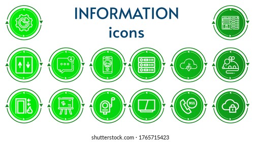 Bearbeitbar 14 Informationssymbole für Web und Mobile. Set mit den Symbolen Zeile Pie-Diagramm, Buchung, Aufzug, Kommentar, Anruf, Datenbank, Cloud, Maus, Ausgang, Whiteboard