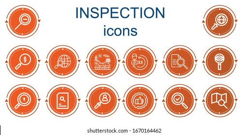 Editable 14 inspection icons for web and mobile. Set of inspection included icons line Zoom out, Search, Geology, Evaluation, Searching, Evaluate