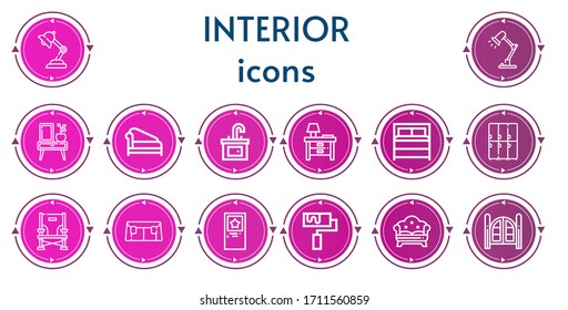 Editable 14 interior icons for web and mobile. Set of interior included icons line Lamp, Desk lamp, Night stand, Divan, Sink, Nightstand, Bed, Lockers, Chair, Sofa, Door, Roller