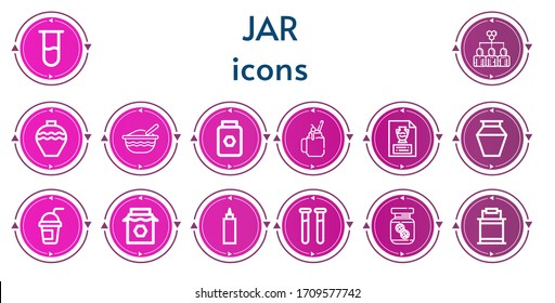 Editable 14 jar iconos para web y móvil. Conjunto de frascos incluidos íconos Tubo de prueba, Tubo de abono, Cerámica, Alimentos para bebés, Miel, Smoothie, Vase, Jam, Sauce, Tubos de prueba, mantequilla de cacahuate, Cubo de pintura