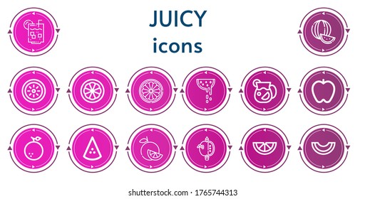 Editable 14 juicy icons for web and mobile. Set of juicy included icons line Lemon juice, Watermelon, Kiwi, Orange, Juice, Apple, Lemon, Melon