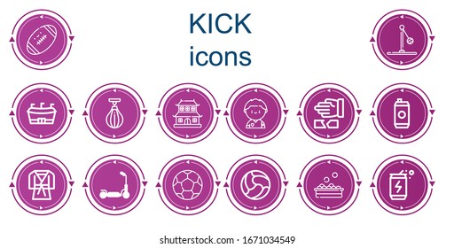 Editable 14 kick icons for web and mobile. Set of kick included icons line Football, Ball, Boxing bag, Dojo, Soccer player, Martial arts, Energy drink, Judo, Kick scooter, Balls