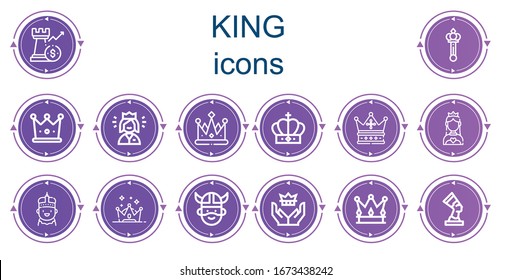 Editable 14 king icons for web and mobile. Set of king included icons line Rook, Scepter, Crown, Queen, Miss world, King momo, Viking, Pharaoh