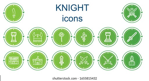 Editable 14 knight icons for web and mobile. Set of knight included icons line Sabre, Swords, Rook, Viking, Mace, Sword, Chess, Castle, Spears, Knight