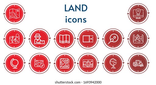 Editable 14 land icons for web and mobile. Set of land included icons line Map, Farmer, Crop, Fertilization, Globe, Landscape, Tractor