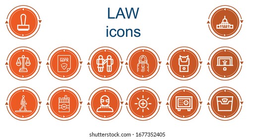Editable 14 law icons for web and mobile. Set of law included icons line Stamp, Capitol, Balance, GDPR, Equality, Judge, Stun gun, Penalty, Walking, Cigarette, Burglar, Safebox