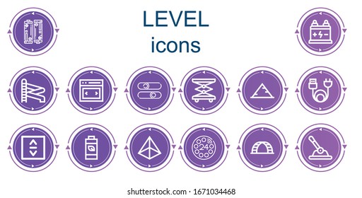Editable 14 level icons for web and mobile. Set of level included icons line Battery, Slider, Sliders, Elevator, Pyramid, Charge, Lift, Dial, Ladder, Control