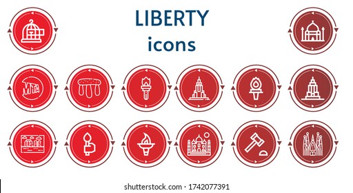 Editable 14 liberty icons for web and mobile. Set of liberty included icons line Freedom, Taj mahal, New york, Stonehenge, Torch, Empire state, Auction hammer, Sagrada familia