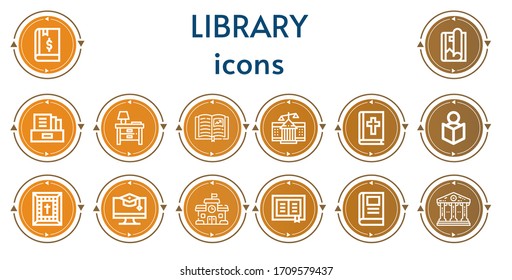 Editable 14 library icons for web and mobile. Set of library included icons line Book, Magazine, Literature, Nightstand, Courthouse, Bible, Read, Education, School