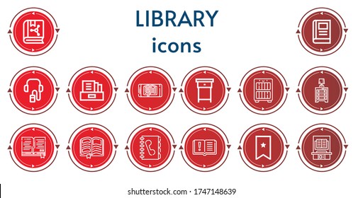 Editable 14 library icons for web and mobile. Set of library included icons line Book, Audio guide, Literature, Ebook, Nightstand, Bookcase, Drawer, Phone book, Bookmark