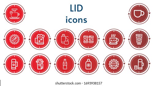Editable 14 lid icons for web and mobile. Set of lid included icons line Coffee cup, Bottle cap, Dark beer, Thermos, Sun cream, Thermo, Plastic bottle