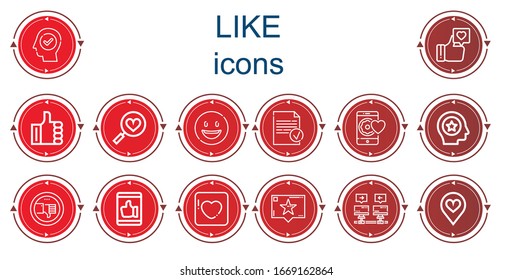 Editable 14 like icons for web and mobile. Set of like included icons line Success, Like, Favorites, Happy, Done, Favorite, Thumb down, Badoo, Recommendation, Communications