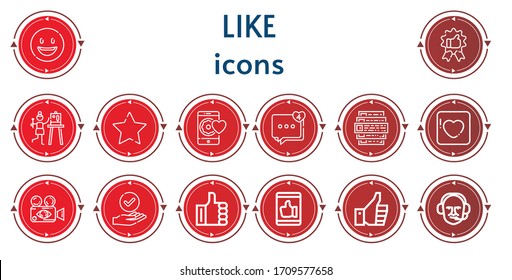 Editable 14 like icons for web and mobile. Set of like included icons line Happy, Recommendation, Satisfaction, Favourite, Like, Comment, Feedback, Badoo, Live, Success, Thumbs up