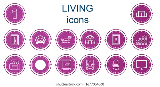 Editable 14 living icons for web and mobile. Set of living included icons line Lounge chair, Sofa, Wardrobe, Bedroom, Chairs, Equalizer, Armchair, Closet, Chair, Night stand