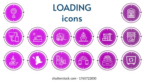 Editable 14 loading icons for web and mobile. Set of loading included icons line Logistics, Warehouse, Sync, Ship, Forklift, Container, Logistic, Synchronize