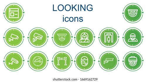 Editable 14 looking icons for web and mobile. Set of looking included icons line Window, Surveillance, Cctv, Troglodyte, Metal detector, Bodyguard