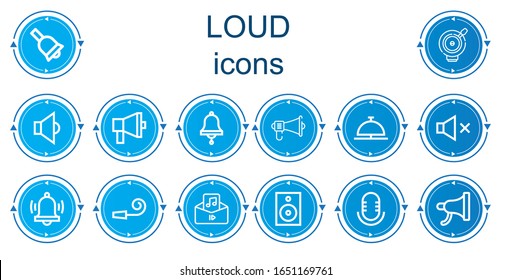 Editable 14 loud icons for web and mobile. Set of loud included icons line Bell, Speaker, Megaphone, Mute, Alarm, Party whistle, Audio
