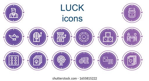 Editable 14 luck icons for web and mobile. Set of luck included icons line Croupier, Leprechaun, Magic lamp, Bingo, Slot machine, Casino chip, Dice, Gamblers, Poker, Roulette