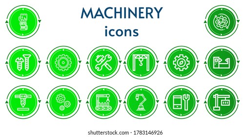 Editable 14 machinery icons for web and mobile. Set of machinery included icons line Mechanical arm, Setup, Screw, Gear, Tools, Crane, Machine, Robot arm, Industrial robot, Configuration