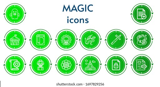 Editable 14 magic icons for web and mobile. Set of magic included icons line Ghost, File, Circus, Magic book, Clown, Dragon, wand, Unicorn, Spiritual, Iceland