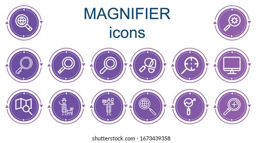 Editable 14 magnifier icons for web and mobile. Set of magnifier included icons line Searching, Search, Magnifying glass, Detective, Screen, Magnifier, Research, Zoom