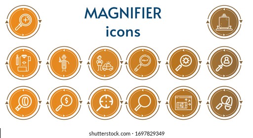 Bearbeitbar 14 Lupensymbole für Web und Mobile. Gruppe von Vergrößerungspuffern enthält Symbole Zeile Zoom, Detective, Review, Suchmaschine, Suche, Vergrößerglas, Bildschirm, Bildschirm