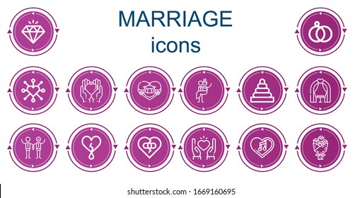 Editable 14 marriage icons for web and mobile. Set of marriage included icons line Diamond, Wedding rings, Heart, Love, Honeymoon, Newlyweds, Rings, Wedding arch, Wedding, Broken heart