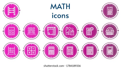 Editable 14 math icons for web and mobile. Set of math included icons line Abacus, Calculator, Angle, Calculate, Protractor