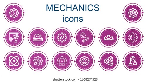Editable 14 mechanics icons for web and mobile. Set of mechanics included icons line Cogwheel, Gear, Mechanics, Physics, Pulley