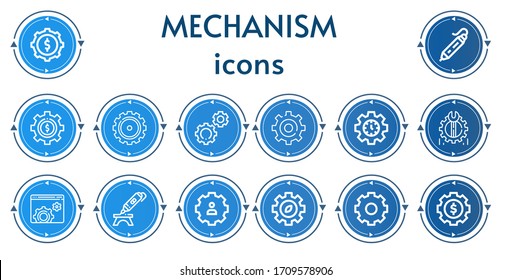 Editable 14 mechanism icons for web and mobile. Set of mechanism included icons line Cogwheel, d printing pen, Gear, Settings, Setting