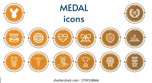 Editable 14 medal icons for web and mobile. Set of medal included icons line Medal, Laurel, Ribbons, Guarantee, Germany, Ribbon, Podium, Fitness, Championship