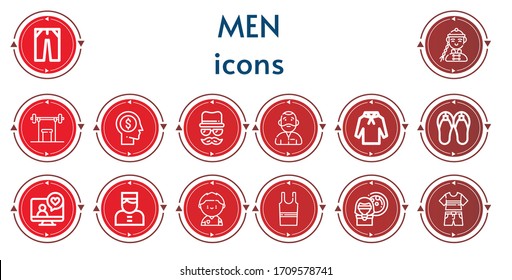 Editable 14 men icons for web and mobile. Set of men included icons line Jeans, Man, Weightlifting, Head, Disguise, Hoodie, Sandals, Videocall, Bellboy, Soccer player, Sleeveless shirt