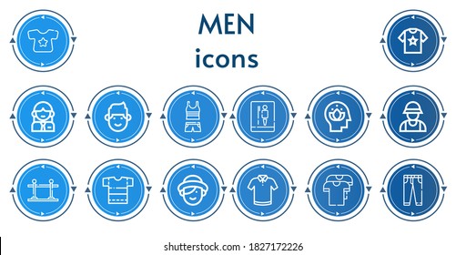 Editable 14 iconos masculinos para web y móvil. El conjunto de hombres incluía la línea de iconos: Camisa, Mujer, Hombre, Ropa, Baño, Cabeza, Zookeeper, Cola, camisa de polo, jeans