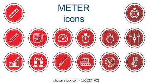 Iconos editables de 14 metros para web y móvil. Conjunto de indicadores incluidos iconos línea Ruler, Stopwatch, Thermometer, Ammeter, Speedometer, Stop watch, Leves, Performance, Electricidad