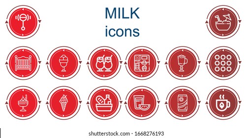 Editable 14 milk icons for web and mobile. Set of milk included icons line Rattle, Coconut, Baby bed, Ice cream, Cappuccino, Caramel, Food, Tea, Chocolate