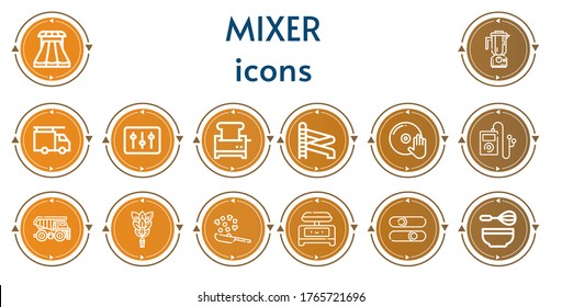 Editable 14 mixer icons for web and mobile. Set of mixer included icons line Sliders, Blender, Plumber, DJ, Toaster, Slider, Music, Dumper, Whisk, Cooking, Shaker