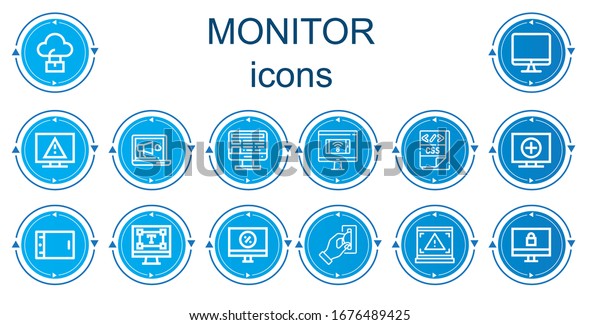 Editable 14 monitor icons for web\
and mobile. Set of monitor included icons line Computer, Screen,\
Television, Laptop, Css, Tablet, Typography, Insert coin,\
Monitor