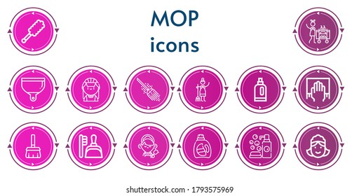 Editable 14 mop icons for web and mobile. Set of mop included icons line Duster, Housekeeping, Dustpan, Maid, Broom, Detergent, Cleaning