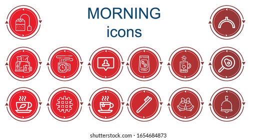 Editable 14 morning icons for web and mobile. Set of morning included icons line Tea bag, Noon, Breakfast, Coffee cup, Notification, Coffee beans, Mug, Fried egg, Tea, Waffle
