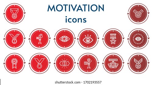 Editable 14 motivation icons for web and mobile. Set of motivation included icons line Medal, Medals, Explorer, Vision