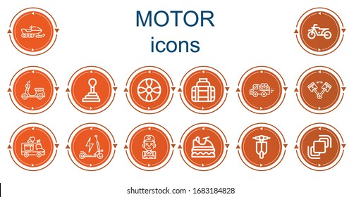Editable 14 iconos de motor para web y móvil. Conjunto de motores incluidos íconos línea Snowmobile, moto, Scooter, gearShift, hélice, transporte, recogida, pistón, camión de helados
