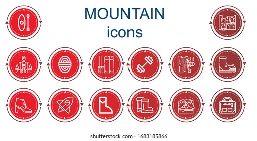 Editable 14 mountain icons for web and mobile. Set of mountain included icons line Kayak, Cliff, Hiking, Rope, Ski, Gym, Boot, Adventure, Boots, Arctic