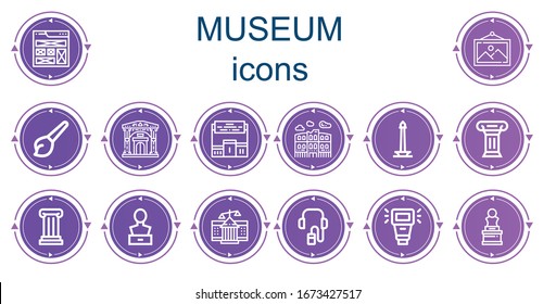 Editable 14 museum icons for web and mobile. Set of museum included icons line Frame, Art, Museum, Pedestal, Pula arena, Monas, Column, Sculpture, Courthouse, Audio guide, Camera flash