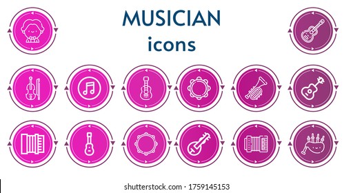 Editable 14 musician icons for web and mobile. Set of musician included icons line Musician, Guitar, Violin, Itunes, Acoustic guitar, Tambourine, Trumpet, Accordion, Veena, Bagpipes