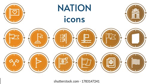 Editable 14 nation icons for web and mobile. Set of nation included icons line Flag, India gate, Flags, Passport