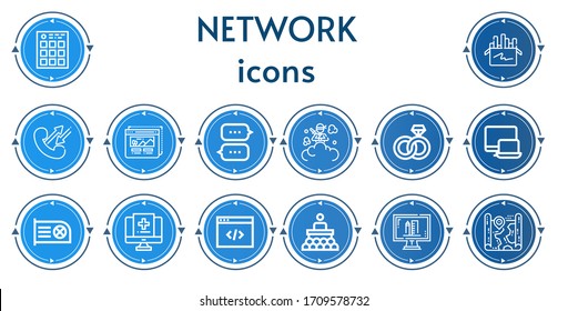 Editable 14 network icons for web and mobile. Set of network included icons line Browser, Chalk, Call, Wireframe, Chat, Smoke bomb, Engagement, Responsive, Cpu, Medical record