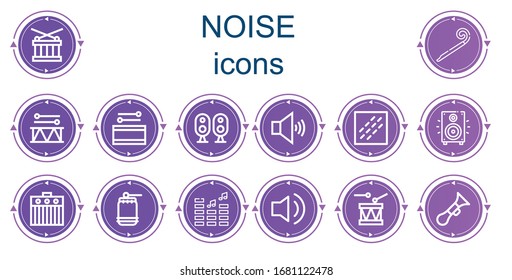 Editable 14 noise icons for web and mobile. Set of noise included icons line Drum, Party blower, Loudspeaker, Volume, Noise, Amplifier, Audio, Horn